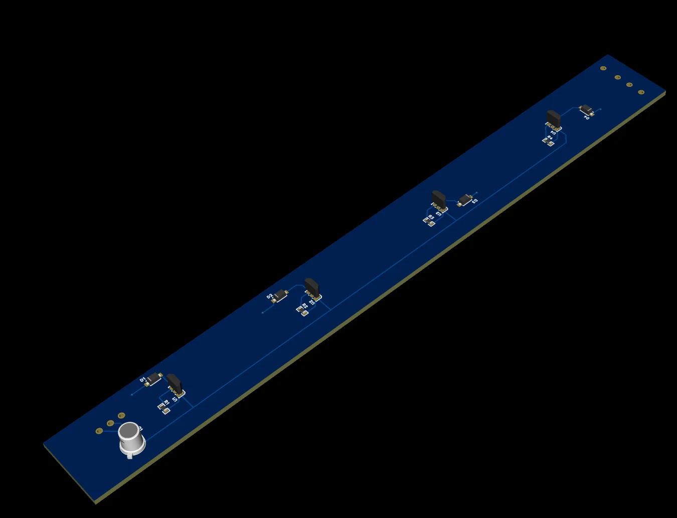 EasyEDA 3D render of the custom 4-square Hall sensor PCB strip