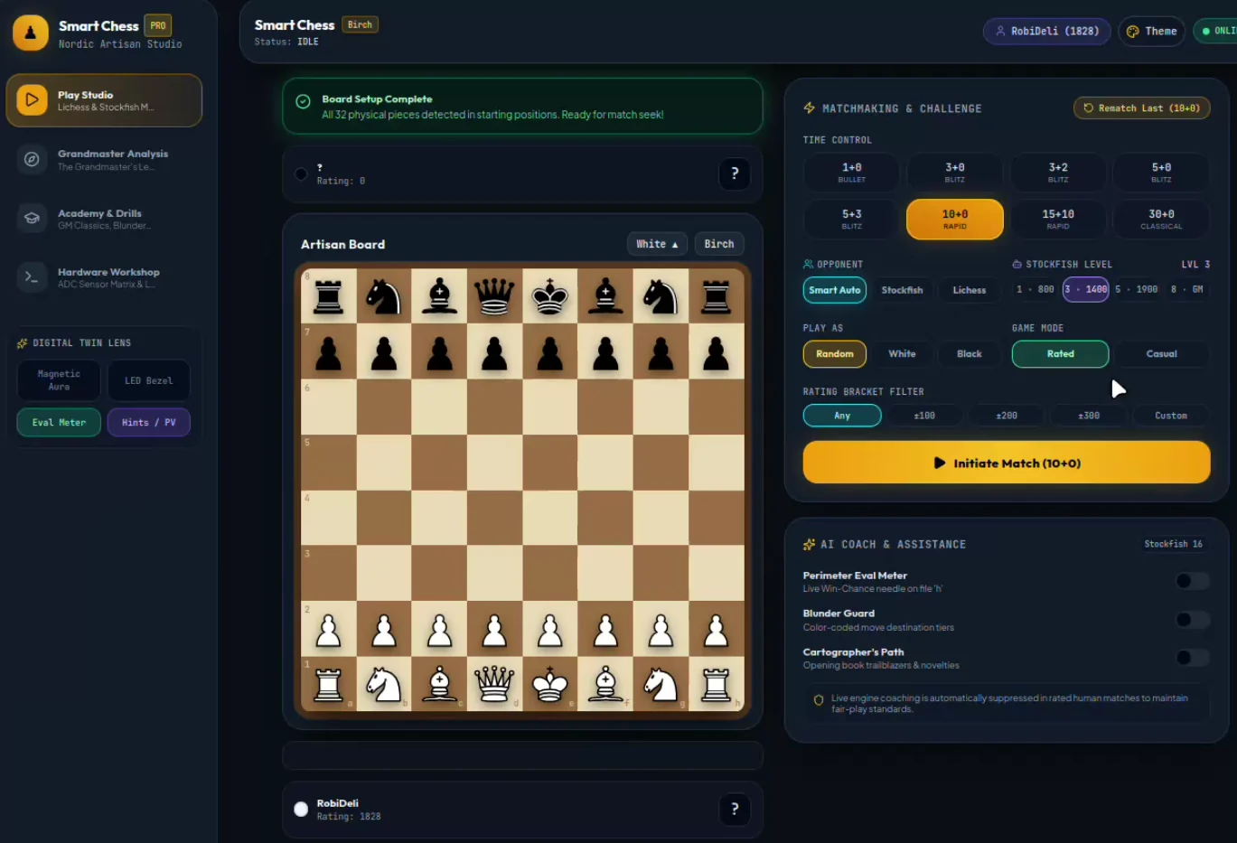 Smart Chess companion webapp showing all 32 physical pieces detected and ready for online Lichess match